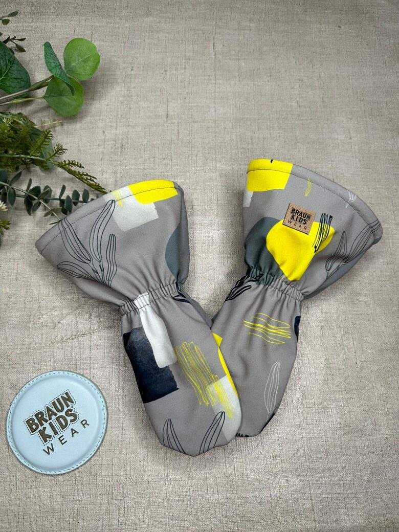 Winter Waterproof Softshell Mittens with Fleece Lining – Yellow and Grey